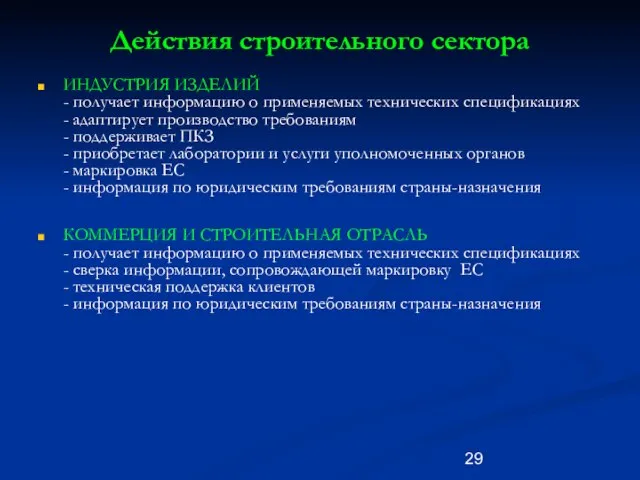 Действия строительного сектора ИНДУСТРИЯ ИЗДЕЛИЙ - получает информацию о применяемых технических спецификациях