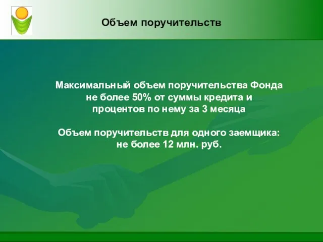 Объем поручительств Максимальный объем поручительства Фонда не более 50% от суммы кредита