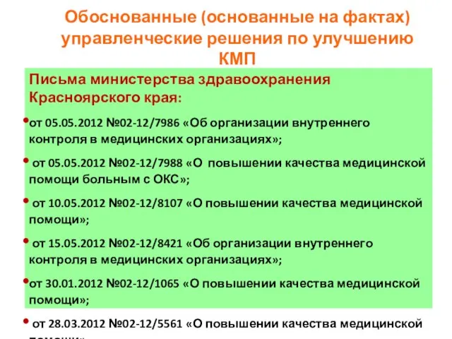 Письма министерства здравоохранения Красноярского края: от 05.05.2012 №02-12/7986 «Об организации внутреннего контроля