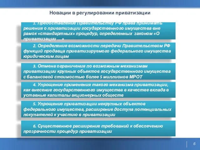 Новации в регулировании приватизации 1. Предоставление Правительству РФ права принимать решения о