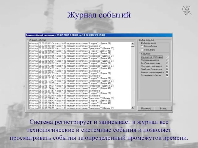 Журнал событий Система регистрирует и записывает в журнал все технологические и системные