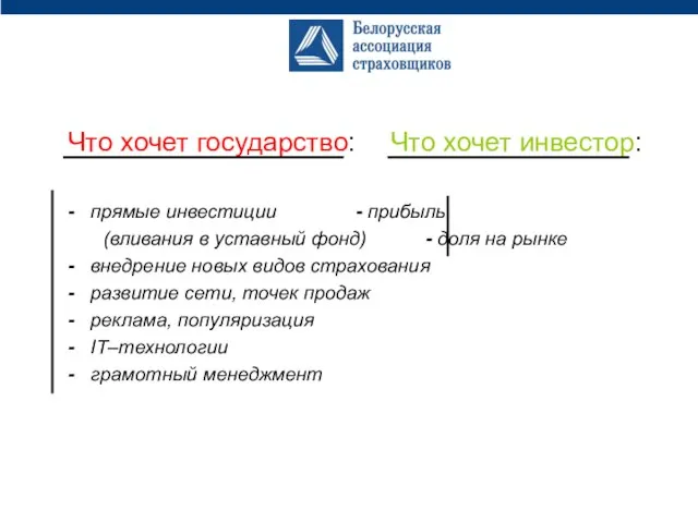 Что хочет государство: Что хочет инвестор: - прямые инвестиции - прибыль (вливания