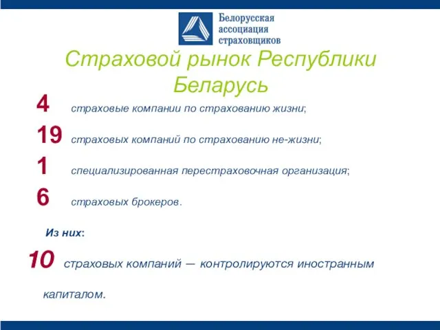 Страховой рынок Республики Беларусь 4 страховые компании по страхованию жизни; 19 страховых