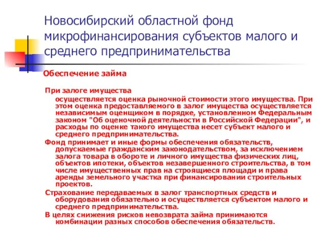 Новосибирский областной фонд микрофинансирования субъектов малого и среднего предпринимательства Обеспечение займа При