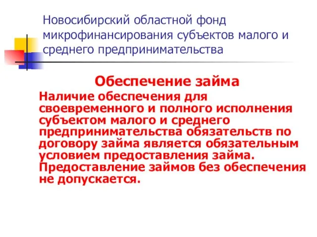 Новосибирский областной фонд микрофинансирования субъектов малого и среднего предпринимательства Обеспечение займа Наличие