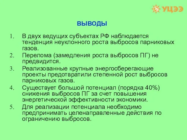 ВЫВОДЫ В двух ведущих субъектах РФ наблюдается тенденция неуклонного роста выбросов парниковых