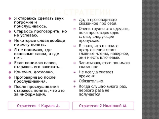 МИНИ - СТРАТЕГИИ Стратегия 1 Караев А. Стратегия 2 Ивановой М. Я