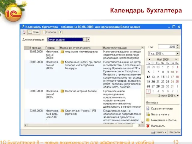 1С:Бухгалтерия 8 – новые возможности для эффективной и удобной работы Календарь бухгалтера