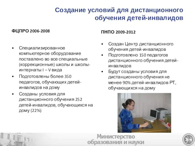 Создание условий для дистанционного обучения детей-инвалидов ФЦПРО 2006-2008 Специализированное компьютерное оборудование поставлено