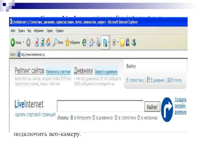 Cервис LiveInternet (www.liveinternet.ru) предоставляет следующие возможности: Добавлять сообщения в дневник, как через