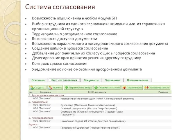 Система согласования Возможность подключения в любом модуле БП Выбор сотрудника из единого