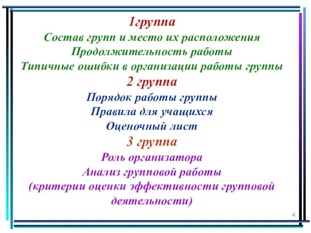 1группа Состав групп и место их расположения Продолжительность работы Типичные ошибки в