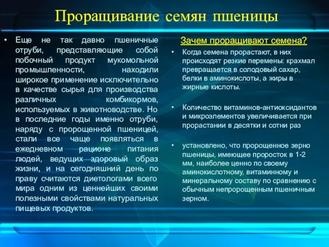 Проращивание семян пшеницы Зачем проращивают семена? Когда семена прорастают, в них происходят