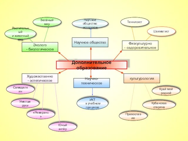 Дополнительное образование Эколого - биологическое Научное общество Физкультурно - оздоровительное Художественно -