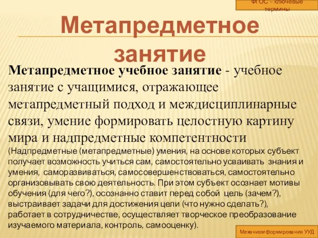 Метапредметное учебное занятие - учебное занятие с учащимися, отражающее метапредметный подход и