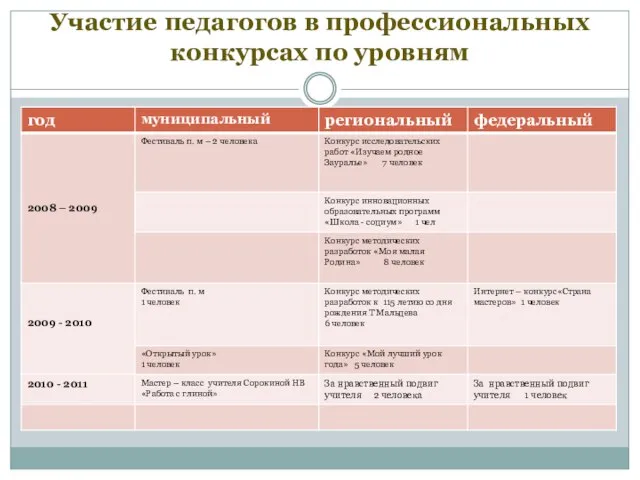 Участие педагогов в профессиональных конкурсах по уровням