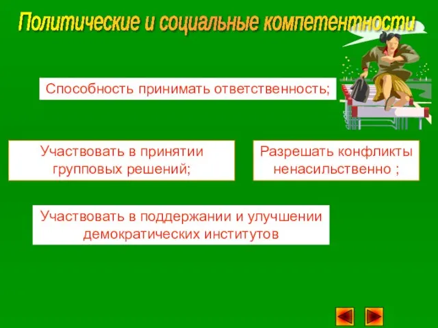 Способность принимать ответственность; Участвовать в принятии групповых решений; Разрешать конфликты ненасильственно ;