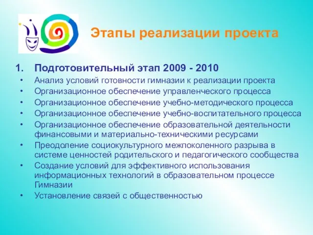 Этапы реализации проекта Подготовительный этап 2009 - 2010 Анализ условий готовности гимназии