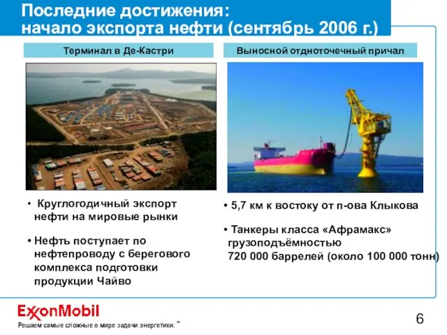 Последние достижения: начало экспорта нефти (сентябрь 2006 г.) Круглогодичный экспорт нефти на