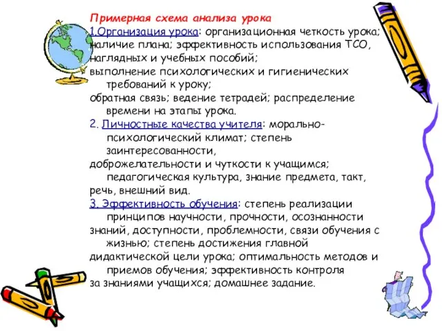 Примерная схема анализа урока 1.Организация урока: организационная четкость урока; наличие плана; эффективность