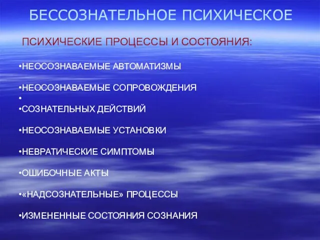 БЕССОЗНАТЕЛЬНОЕ ПСИХИЧЕСКОЕ ПСИХИЧЕСКИЕ ПРОЦЕССЫ И СОСТОЯНИЯ: НЕОСОЗНАВАЕМЫЕ АВТОМАТИЗМЫ НЕОСОЗНАВАЕМЫЕ СОПРОВОЖДЕНИЯ СОЗНАТЕЛЬНЫХ ДЕЙСТВИЙ