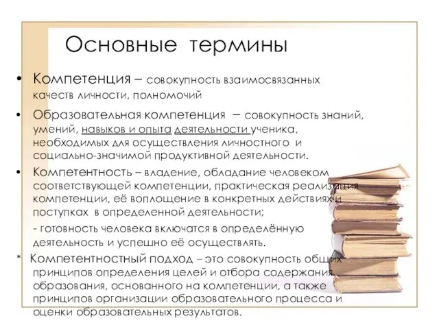 Основные термины Компетенция – совокупность взаимосвязанных качеств личности, полномочий Образовательная компетенция –