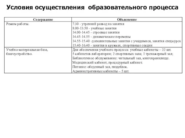 Условия осуществления образовательного процесса