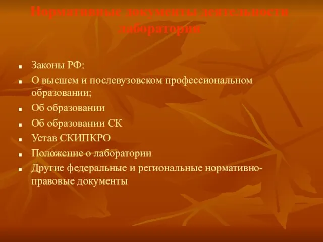 Нормативные документы деятельности лаборатории Законы РФ: О высшем и послевузовском профессиональном образовании;