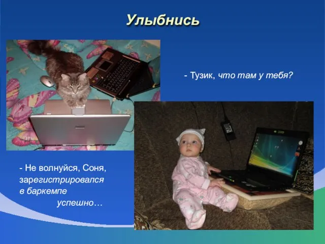 Улыбнись - Тузик, что там у тебя? - Не волнуйся, Соня, зарегистрировался в баркемпе успешно…