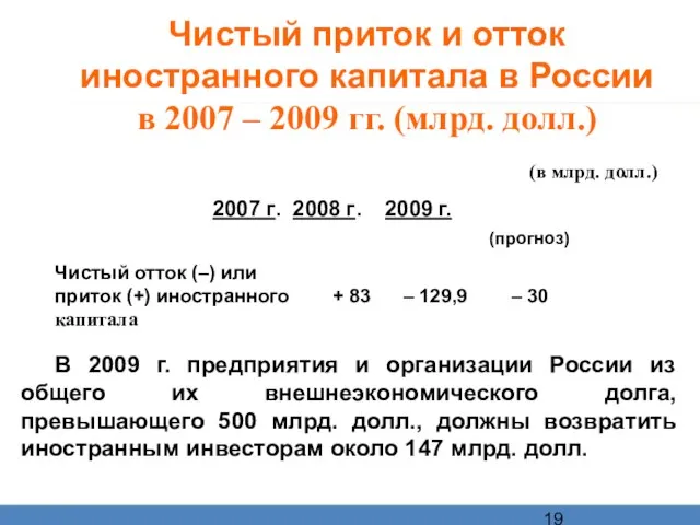 Чистый приток и отток иностранного капитала в России в 2007 – 2009