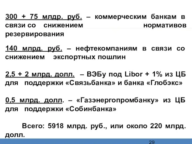 300 + 75 млдр. руб. – коммерческим банкам в связи со снижением