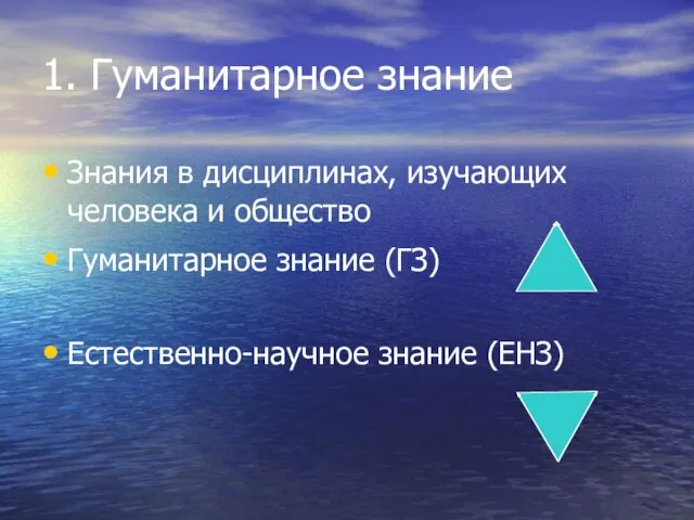 1. Гуманитарное знание Знания в дисциплинах, изучающих человека и общество Гуманитарное знание (ГЗ) Естественно-научное знание (ЕНЗ)