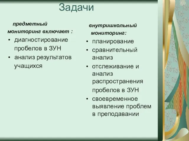 Задачи предметный мониторинг включает : диагностирование пробелов в ЗУН анализ результатов учащихся