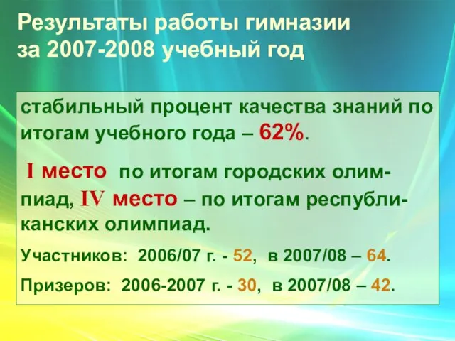 Результаты работы гимназии за 2007-2008 учебный год стабильный процент качества знаний по