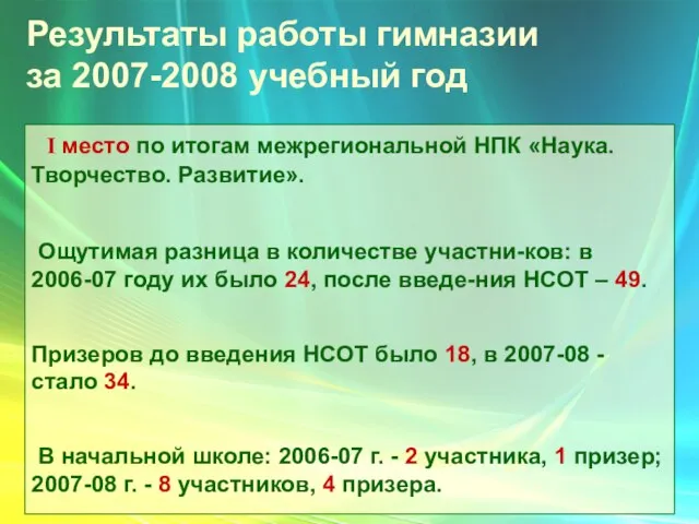 Результаты работы гимназии за 2007-2008 учебный год I место по итогам межрегиональной