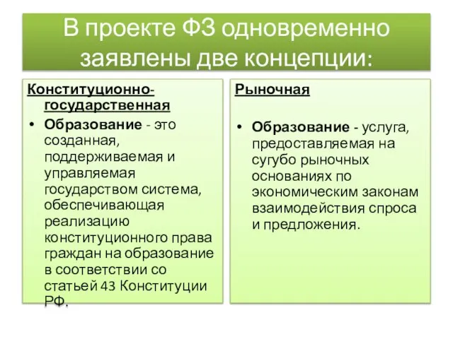 В проекте ФЗ одновременно заявлены две концепции: Конституционно-государственная Образование - это созданная,