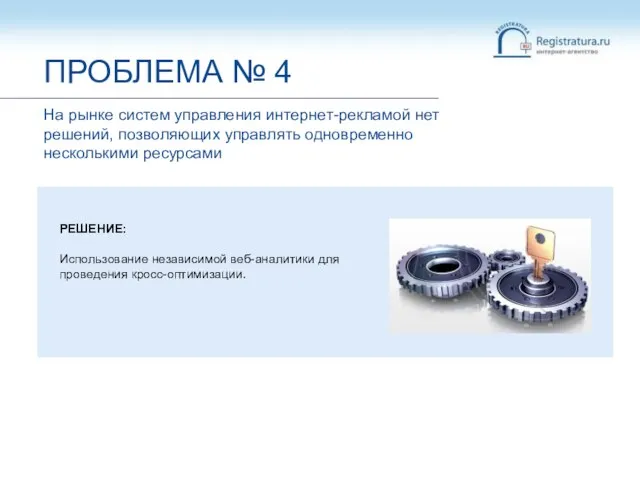 РЕШЕНИЕ: Использование независимой веб-аналитики для проведения кросс-оптимизации. ПРОБЛЕМА № 4 На рынке