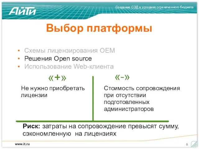 Выбор платформы Не нужно приобретать лицензии Стоимость сопровождения при отсутствии подготовленных администраторов