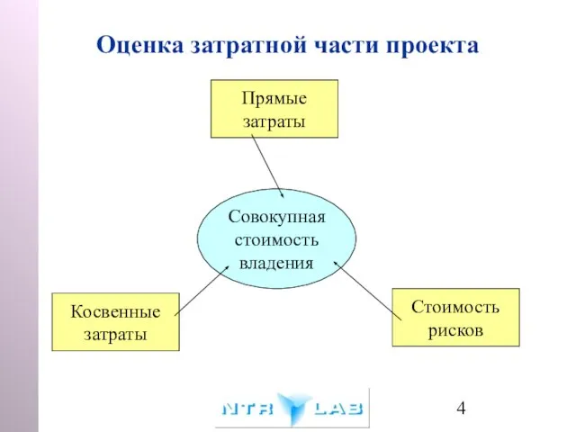 Совокупная стоимость владения Прямые затраты Косвенные затраты Стоимость рисков Оценка затратной части проекта