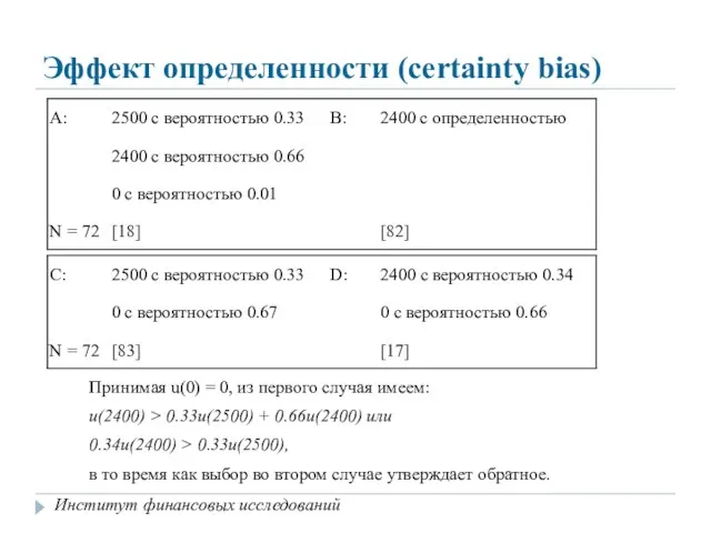 Эффект определенности (certainty bias) Принимая u(0) = 0, из первого случая имеем: