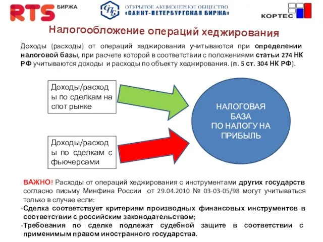 Налогообложение операций хеджирования Доходы (расходы) от операций хеджирования учитываются при определении налоговой