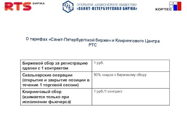 О тарифах «Санкт-Петербургской биржи» и Клирингового Центра РТС