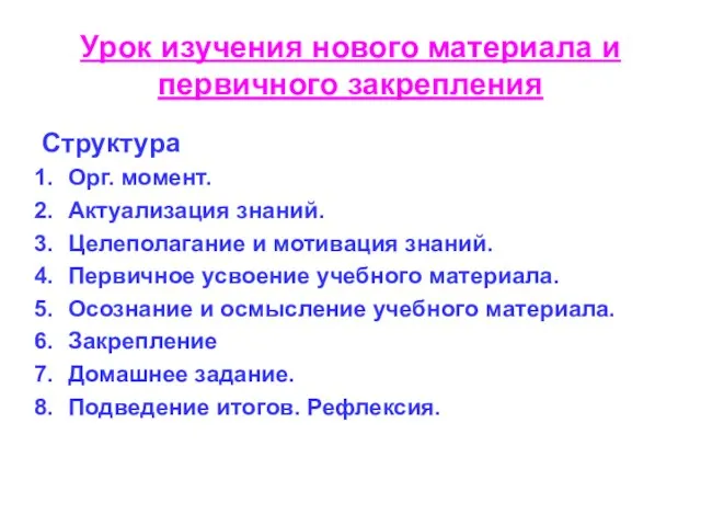 Урок изучения нового материала и первичного закрепления Структура Орг. момент. Актуализация знаний.