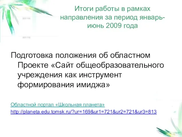 Итоги работы в рамках направления за период январь-июнь 2009 года Подготовка положения