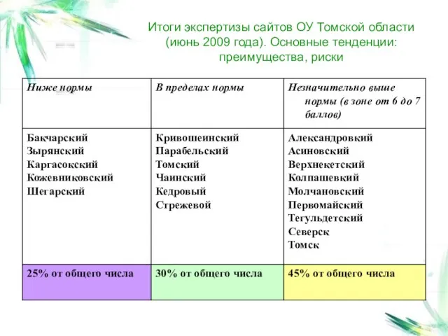 Итоги экспертизы сайтов ОУ Томской области (июнь 2009 года). Основные тенденции: преимущества, риски