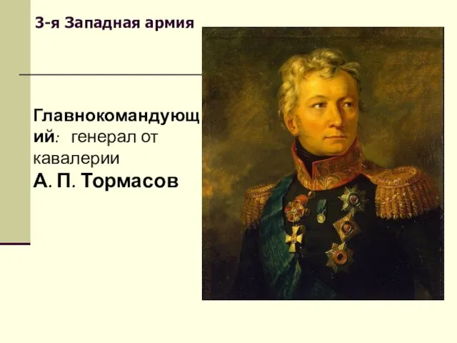 Главнокомандующий: генерал от кавалерии А. П. Тормасов 3-я Западная армия