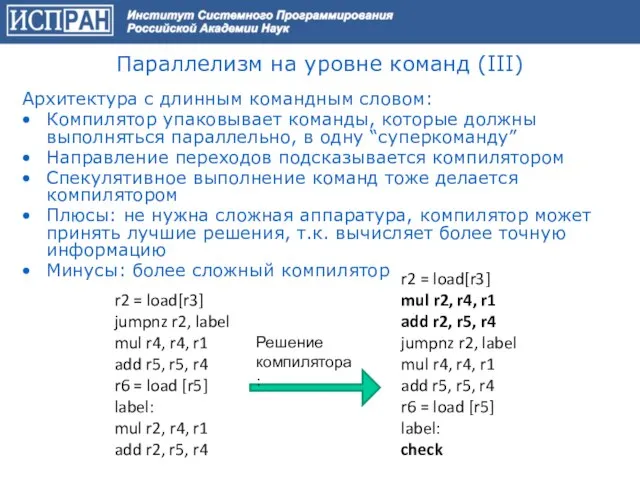 Параллелизм на уровне команд (III) Архитектура с длинным командным словом: Компилятор упаковывает