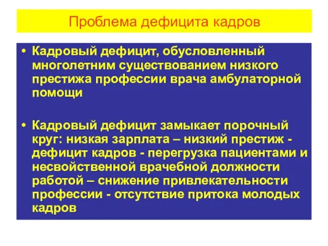 Проблема дефицита кадров Кадровый дефицит, обусловленный многолетним существованием низкого престижа профессии врача