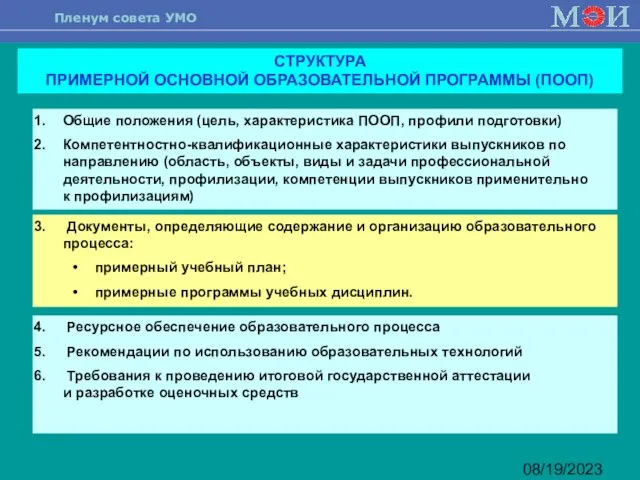 08/19/2023 Общие положения (цель, характеристика ПООП, профили подготовки) Компетентностно-квалификационные характеристики выпускников по