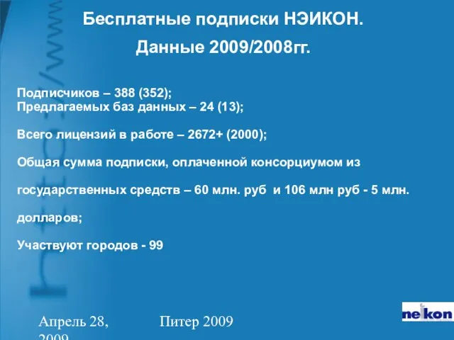 Апрель 28, 2009 Питер 2009 Подписчиков – 388 (352); Предлагаемых баз данных